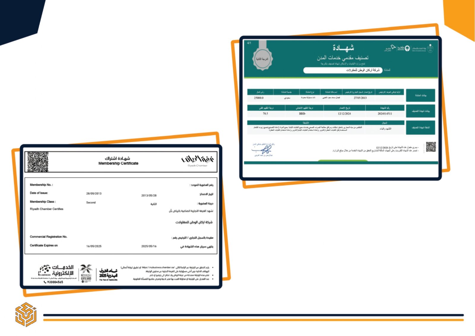 مشاريع شركة أركان الوطن للمقاولات - شهادات وتراخيص أعمال البنية التحتية والطرق